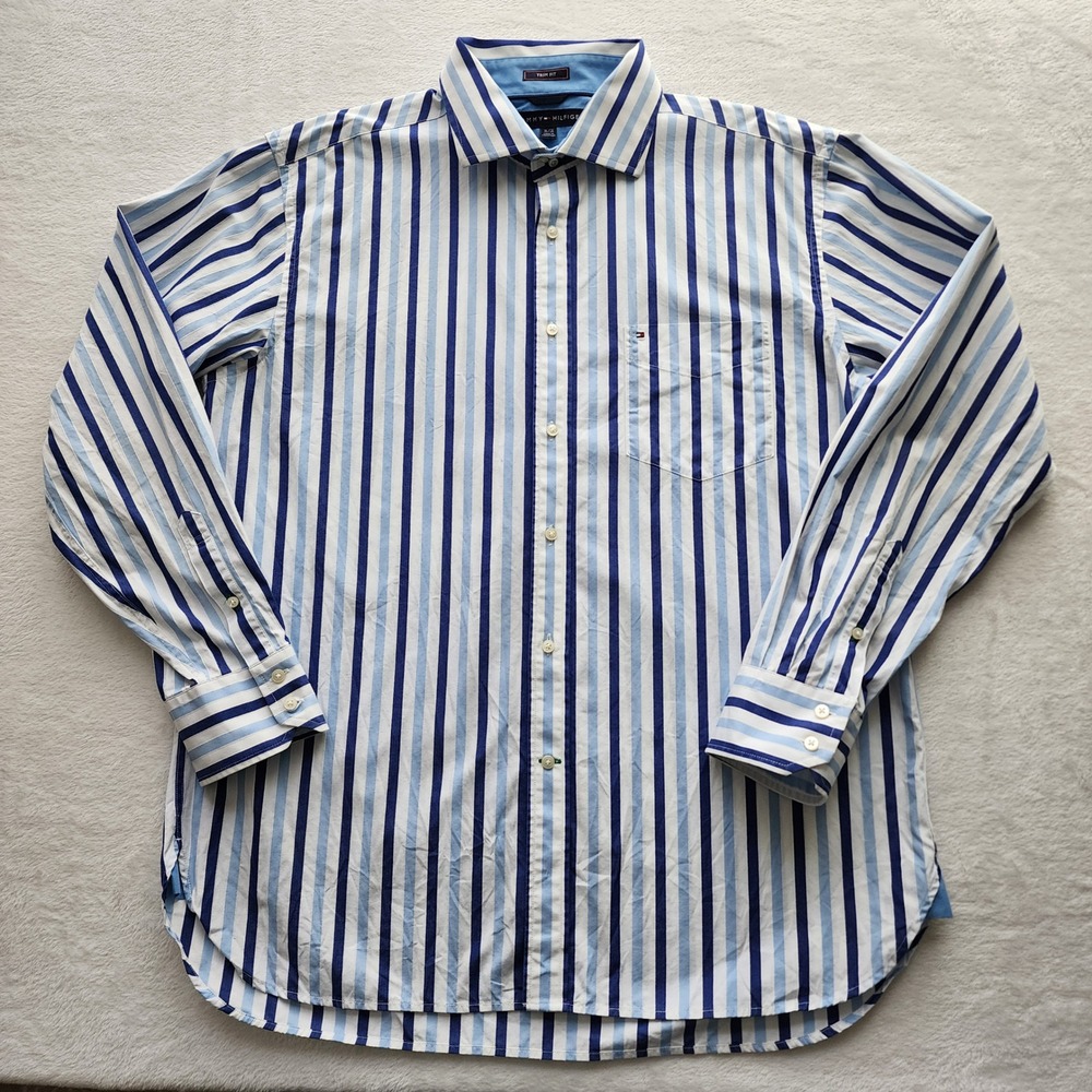 Tommy Hilfiger Button Up Shirt Mens XL Blue White Striped Trim Fit Formal Event